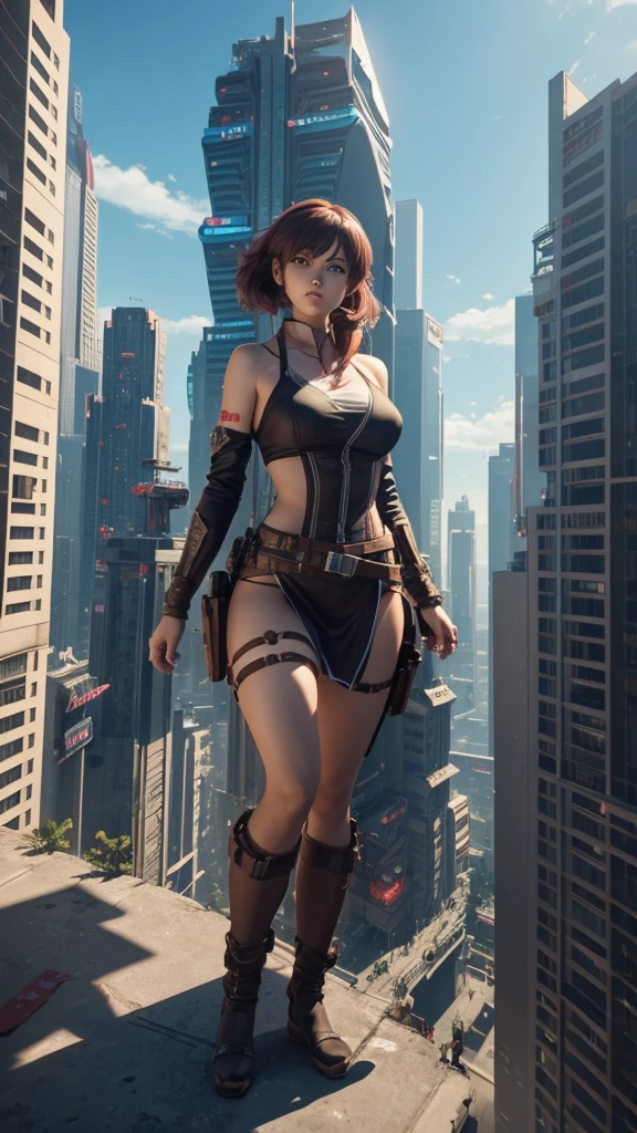 Girl sitting on a building,A giant woman in a bikini lying on top of a cyberpunk city, Wear short skirts,Little guys running around the giant girl,style "Attack on Titan ",Many cars pass by, Standing on her hand, cgsociety 9, 2. 5 d cgi fantasy art, engine rendering unreal + a goddess, full body cgsociety, artgerm ; Hyper realistic 3d content, giant art, super detailed 3d matte paintings, super detailed 3d matte paintings, realistic fantasy art, realistic 3 d anime style. Beautiful girl. Big thighs."The boy stood on the top of a high-rise building waving to the girl". Color ultra 4k.