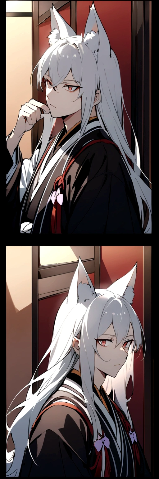 male、Fox、Animal Ears、Silver Hair、Long Hair、One knot、Japanese style、Bow drawing