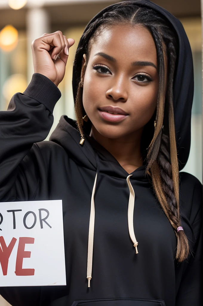 Photo professionnelle du corps entier, (Photo 4k:1.1), (mise au point nette:1.3), High detail, Métis woman, Elegant woman, ville, African Braided Hair, Coupe afro, Pose of the Instagram model, confiant, gros seins:1.2, anatomie parfaite, Perfect symmetry:1.2, Realstic, realistic face:1.2, visage parfait, contenu, confiant, highly detailed, et dramatique, lighting cinematic, Lighting scene, soft lights. (((black hoodie))), (smiling), (((holding up a small sign in front of her))), (((SFW))), (((front view))),(((holding up a sign in front of her))),(((front view))),(((holding up a sign in front of her))) , (((holding up a sign in front of her))) ,(((front view)))