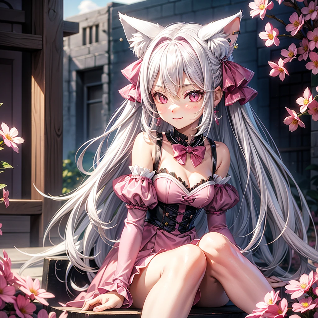 Silver hair, pink eyes, body, cat ears, sexy girl, earrings, flower sky background, pink red uniform, hair bows, sit down, happy face