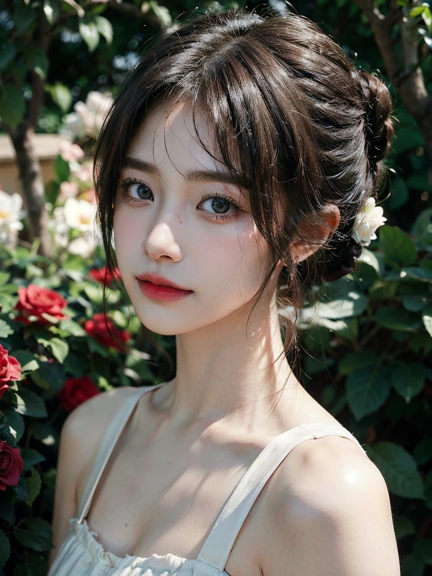 1girl, (looking at viewer:1.2), detail face, (a girl standing, rending on cgsociety, Rose bush backdrop), romanticism, atmospheric, (RAW photo, best quality), (realistic, photo-realistic:1.3), masterpiece, an extremely delicate and beautiful, extremely detailed, D cup,Cleavage,Translucent brown tube top 1.5)Hair in a bun,Small and delicate earrings,Exquisite eye details,Shy smile 1.5
