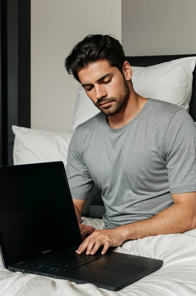 A men sleep on bed with black screen laptop