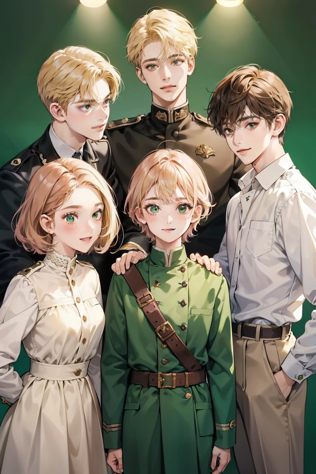 A group of 4 close friends, 3 boys and 1 girl, smiling side by side in a school setting, girl with short dark pink hair and brown eyes, blonde haired boy is the tallest, other boys with short brown and blonde hair and green eyes, all wearing light colored uniforms, cool and casual atmosphere