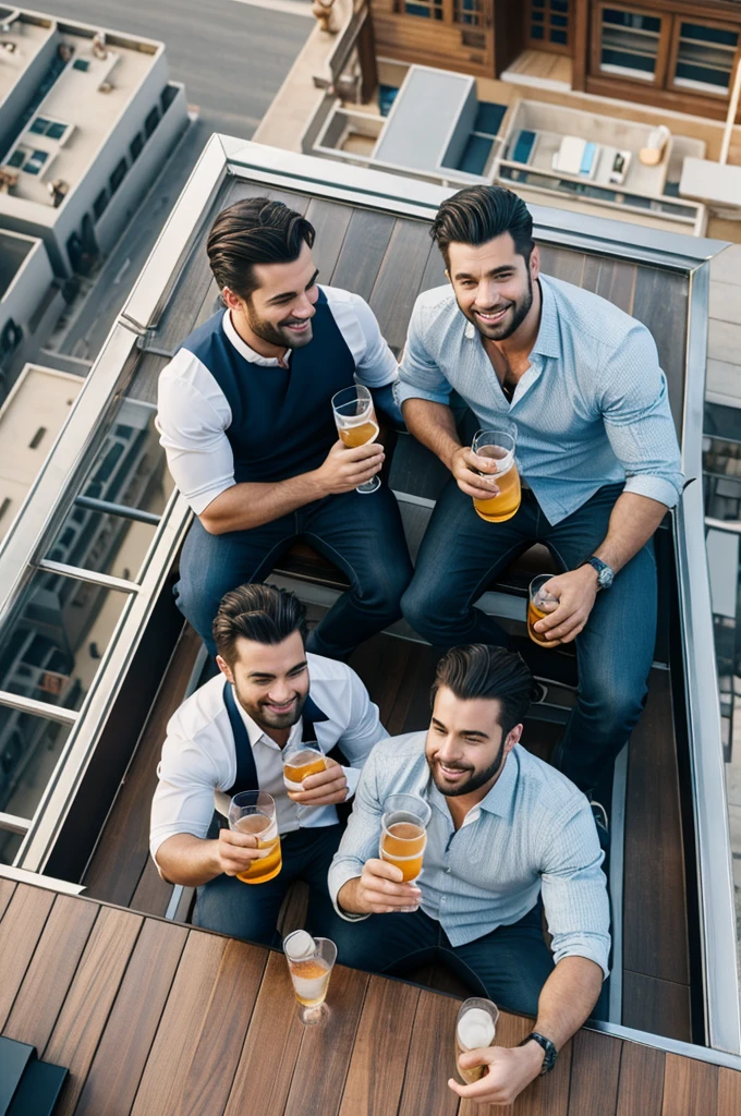 Aerial view of 2 handsome bestfriends drinking on a rooftop of a bar