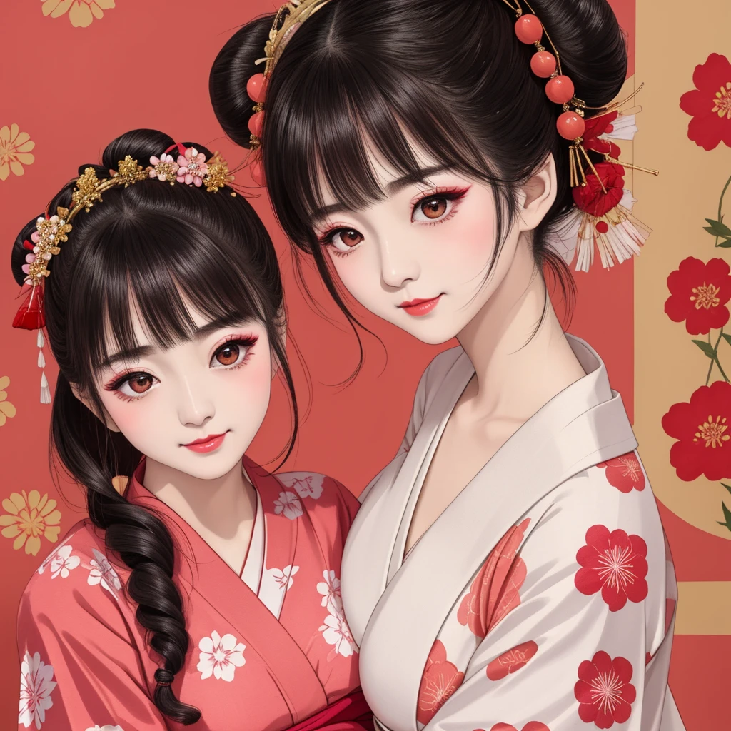 Each has a different expression２People and sisters、(２ girls）、｟Dancing traditional arts with grace)、((Big Breasts、Small Face、Not exposed))、Highest quality、masterpiece、（Black Hair、Bun Hair）、Brown Eyes、｟Wide angle、Angle from above the waist、雑誌の表紙のPause、Their gazes are different, staring into the distance｠、(８K High Quality、masterpiece、High resolution、Realistic and beautiful light and shadow、(Highest quality)、(High Resolution)、(Very delicate and beautiful)、(Beautiful 8k face)、(With a smile、Beautiful eyes)、(Clear skin)、(Soft hair)、(８Head to Body)、(A Japanese style yukata kimono with red, pink and orange floral patterns on a white background, interspersed with gold powder、Wearing a yukata２Beautiful Japanese girls)、((Tanabata decoration background))、((Small Face))、(arms up)、Thin and small nose、（Red lipstick）、（Make your cheeks red）、（Glossy skin）、((Ink painting style))、Very thin eyebrows、Overall ultra-high image quality、（She is wearing maiko-style makeup.）、Whitening、Long and beautiful eyelashes、Glowing Skin、（Red cheeks）,Straight nose、masterpiece、Highest quality、whole body、 Eyebrows visible through hair、Bun Hair、Grin、Gal、コGal、Viewer&#39;s Eyes、Plaid、Stylish、woman、fine、Pause、
Waiting to start 
