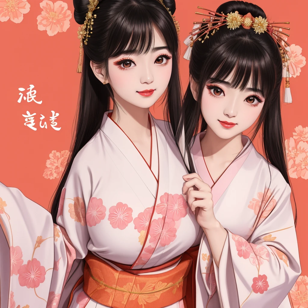 Each has a different expression２People and sisters、(２ girls）、｟Dancing traditional arts with grace)、((Big Breasts、Small Face、Not exposed))、Highest quality、masterpiece、（Black Hair、Bun Hair）、Brown Eyes、｟Wide angle、Angle from above the waist、雑誌の表紙のPause、Their gazes are different, staring into the distance｠、(８K High Quality、masterpiece、High resolution、Realistic and beautiful light and shadow、(Highest quality)、(High Resolution)、(Very delicate and beautiful)、(Beautiful 8k face)、(With a smile、Beautiful eyes)、(Clear skin)、(Soft hair)、(８Head to Body)、(A Japanese style yukata kimono with red, pink and orange floral patterns on a white background, interspersed with gold powder、Wearing a yukata２Beautiful Japanese girls)、((Tanabata decoration background))、((Small Face))、(arms up)、Thin and small nose、（Red lipstick）、（Make your cheeks red）、（Glossy skin）、((Ink painting style))、Very thin eyebrows、Overall ultra-high image quality、（She is wearing maiko-style makeup.）、Whitening、Long and beautiful eyelashes、Glowing Skin、（Red cheeks）,Straight nose、masterpiece、Highest quality、whole body、 Eyebrows visible through hair、Bun Hair、Grin、Gal、コGal、Viewer&#39;s Eyes、Plaid、Stylish、woman、fine、Pause、
Waiting to start 
