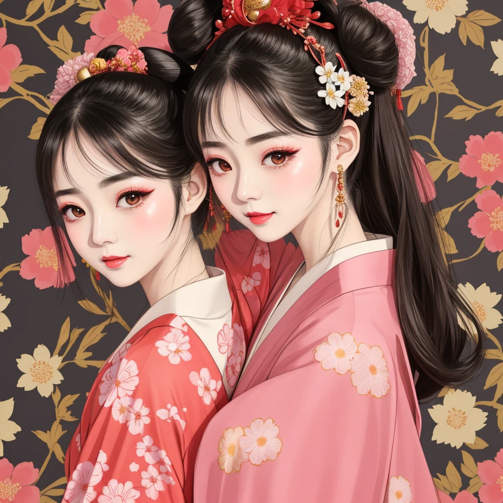 Each has a different expression２People and sisters、(２ girls）、｟Dancing traditional arts with grace)、((Big Breasts、Small Face、Not exposed))、Highest quality、masterpiece、（Black Hair、Bun Hair）、Brown Eyes、｟Wide angle、Angle from above the waist、雑誌の表紙のPause、Their gazes are different, staring into the distance｠、(８K High Quality、masterpiece、High resolution、Realistic and beautiful light and shadow、(Highest quality)、(High Resolution)、(Very delicate and beautiful)、(Beautiful 8k face)、(With a smile、Beautiful eyes)、(Clear skin)、(Soft hair)、(８Head to Body)、(A Japanese style yukata kimono with red, pink and orange floral patterns on a white background, interspersed with gold powder、Wearing a yukata２Beautiful Japanese girls)、((Tanabata decoration background))、((Small Face))、(arms up)、Thin and small nose、（Red lipstick）、（Make your cheeks red）、（Glossy skin）、((Ink painting style))、Very thin eyebrows、Overall ultra-high image quality、（She is wearing maiko-style makeup.）、Whitening、Long and beautiful eyelashes、Glowing Skin、（Red cheeks）,Straight nose、masterpiece、Highest quality、whole body、 Eyebrows visible through hair、Bun Hair、Grin、Gal、コGal、Viewer&#39;s Eyes、Plaid、Stylish、woman、fine、Pause、
Waiting to start 
