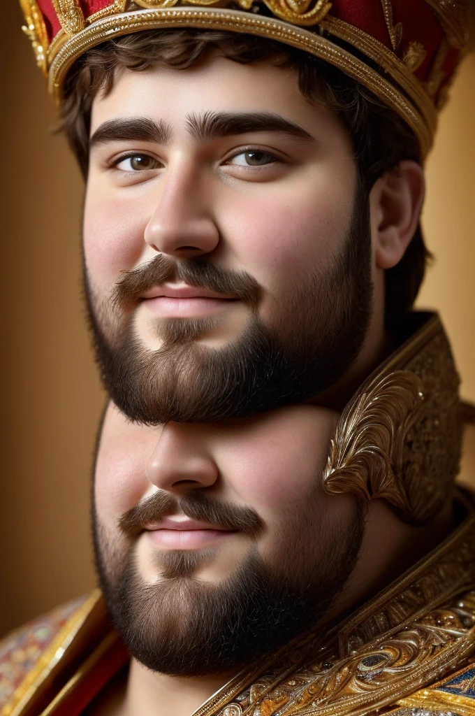 ((best quality)), ((masterpiece)), (detailed), perfect The image of a king The king is obese with short brown hair and a short beard. Has rosy cheeks His face is cheerful