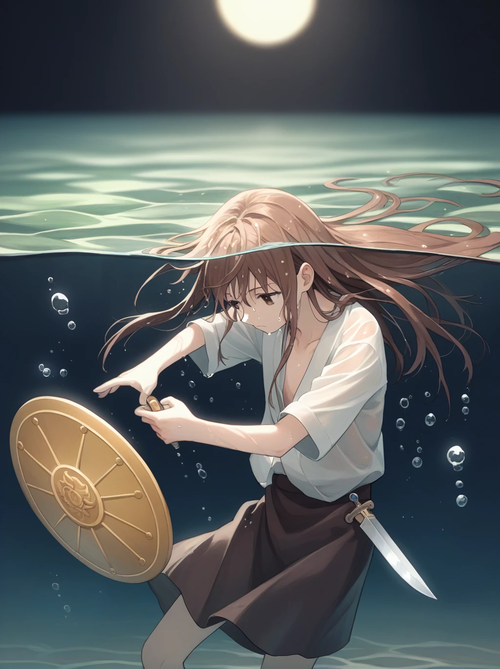 score_9, score_8_superior, score_7_superior, score_6_superior, sauce_anime, Partially underwater, One girl, Long Hair, Brown Hair, Wet Hair, Dark Background, Blurred Edges,8-year-old,Adventurer,Flat Chest,Pitch-dark underground labyrinth,No light,Robe,Equipped with a dagger and a shield,水面よりsuperiorの顔,Body in water, Underwater Photography,The skirt flips up due to buoyancy