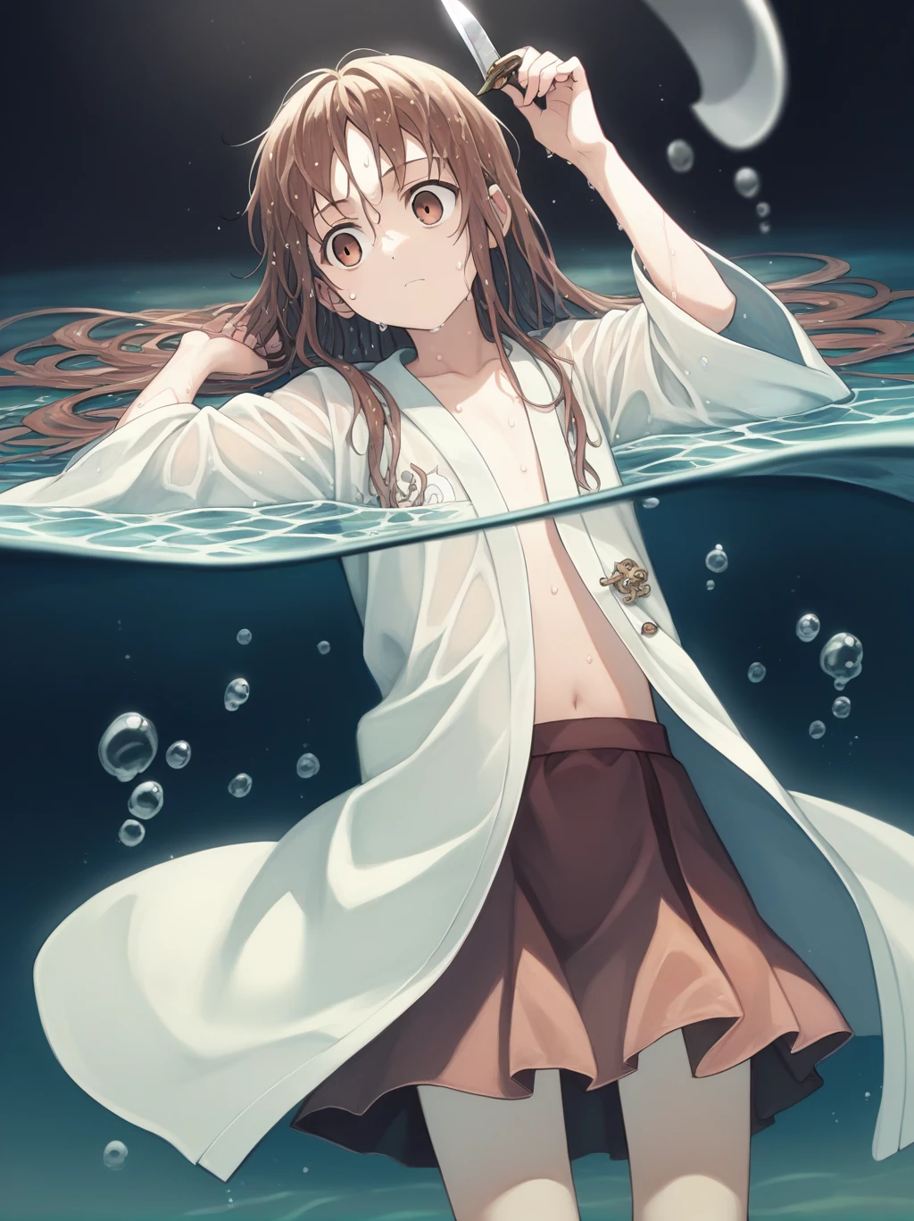 score_9, score_8_superior, score_7_superior, score_6_superior, sauce_anime, Partially underwater, One girl, Long Hair, Brown Hair, Wet Hair, Dark Background, Blurred Edges,8-year-old,Adventurer,Flat Chest,Pitch-dark underground labyrinth,No light,Robe,Equipped with a dagger and a shield,水面よりsuperiorの顔,Body in water, Underwater Photography,The skirt flips up due to buoyancy