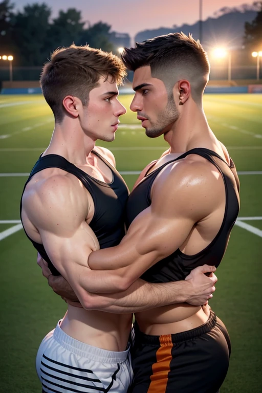 2 men, photo realistic. A lean, tall, athletic 22-year-old handsome Caucasian man, with fade-cut brown hair, and blue eyes, wearing an orange tank top with a black stripe, and black athletic shorts, passionately kissing an athletic 21-year-old handsome Middle Eastern man, with short, fade-cut brown hair, and brown eyes, wearing a slate tank top, and gray athletic shorts, on a sports field, at dusk. They are grabbing each other's hard, bulging . Sexy,mantic, masculine.