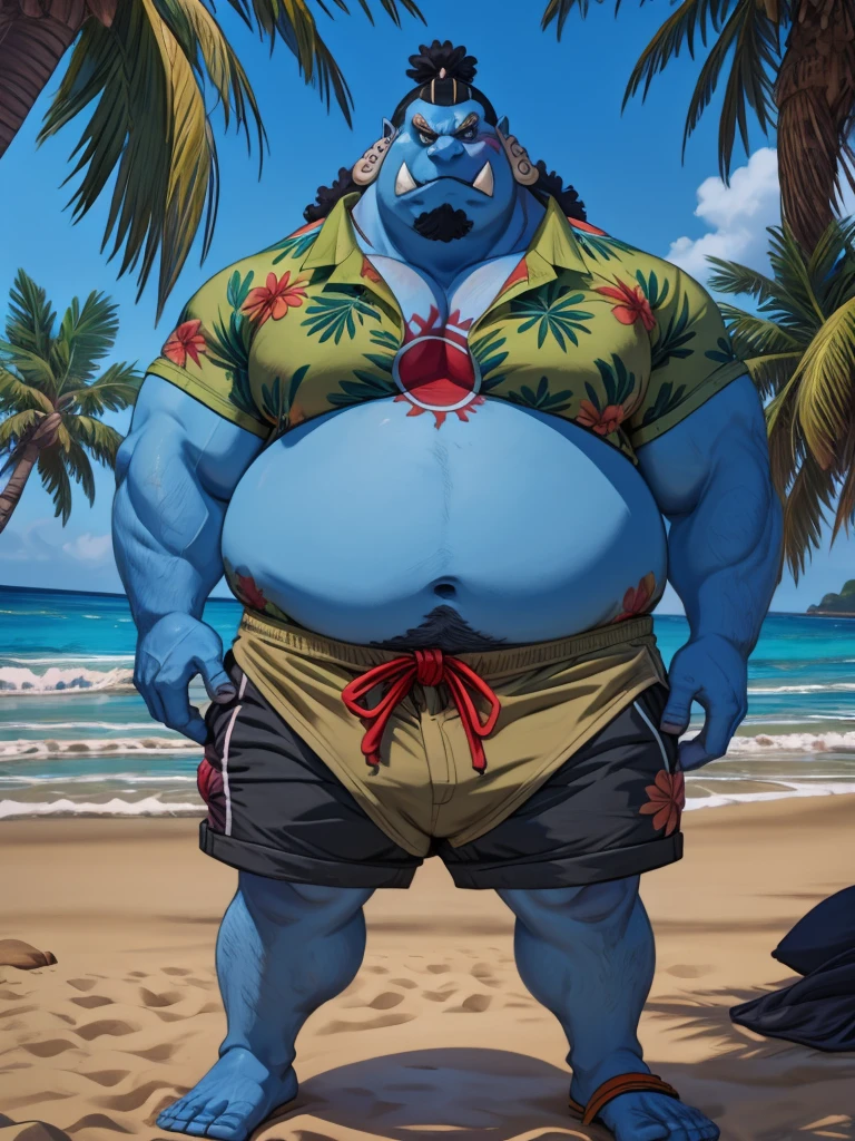 chubby man (jinbei) standing in beach, blue skin, muscular, chest tattoo, beach, palm, realistic, 8k, masterpice, shorts, hawaiian shirts