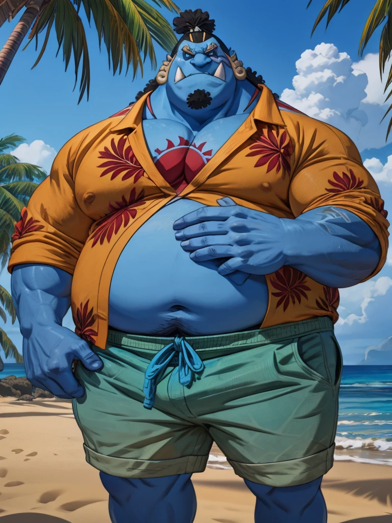 chubby man (jinbei) standing in beach, blue skin, muscular, chest tattoo, beach, palm, realistic, 8k, masterpice, shorts, hawaiian shirts