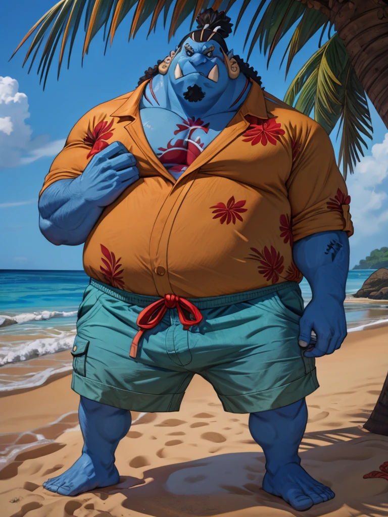 chubby man (jinbei) standing in beach, blue skin, muscular, chest tattoo, beach, palm, realistic, 8k, masterpice, shorts, hawaiian shirts