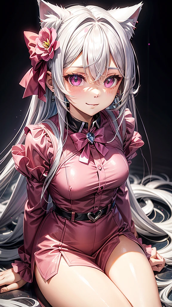 Silver hair, pink eyes, body, cat ears, sexy girl, earrings, flower sky background, pink red uniform, hair bows, sit down, happy face