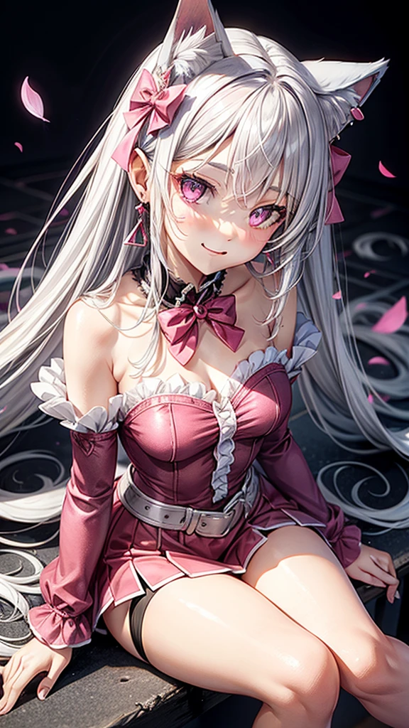 Silver hair, pink eyes, body, cat ears, sexy girl, earrings, flower sky background, pink red uniform, hair bows, sit down, happy face