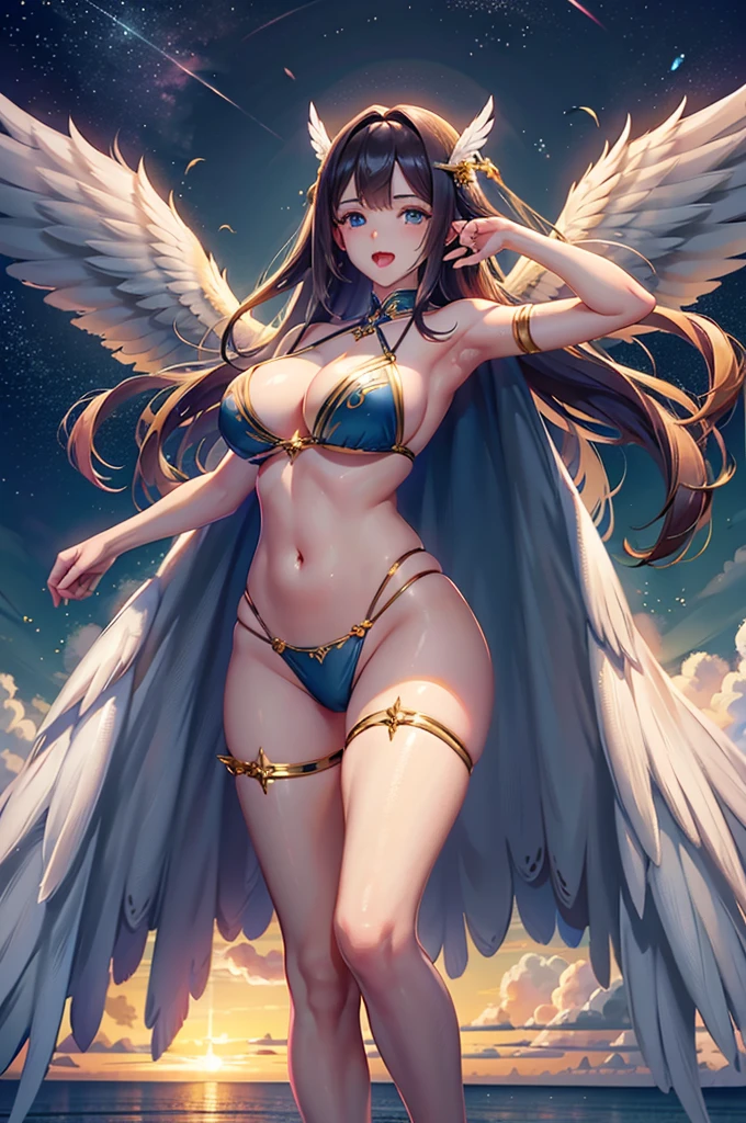 anime、最high quality, high quality, 8K、High resolution,Highest quality、solo、Woman in bikini with wings on her chest, Open Mouth Smile、super Wide Angel, animeの女神, Majestic angel all over the body, Wide Angel, Highly detailed art gems, Spectacular angles and poses, Beautiful angel, Huge and stunning goddess shots, chic, Angela White, Tall female angel, 美しく魅力的なanimeの女性, Angel Knight Girl, She has angel wings on her back