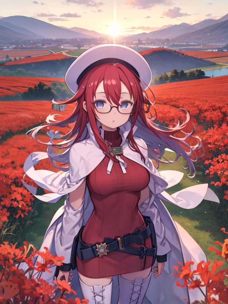 One Girl、Red Hair、long hair、Hair between the eyes、blue eyes、Big Breasts、Upper Body、thighhighs, hat, dress, boots, glasses, belt, cape, sweater, zettai ryouiki, beret, thigh boots, white footwear, ribbed sweater, loose belt、wilderness、sunset、Red scenery、A field of red spider lilies、Licorice、Hair blowing in the wind、