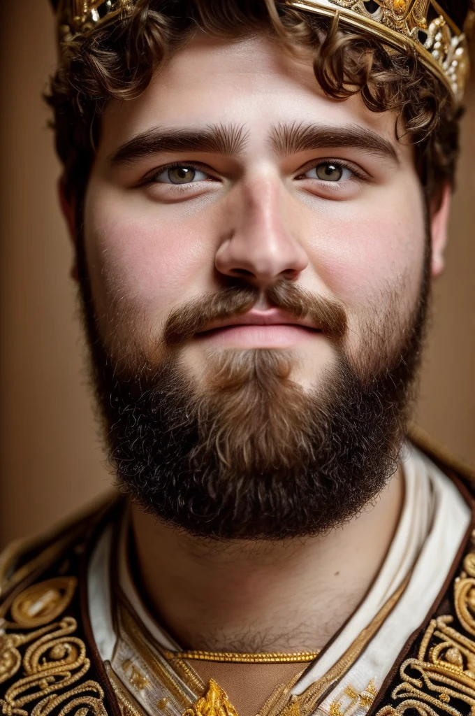 ((best quality)), ((masterpiece)), (detailed), perfect The image of a king The king is obese with short brown hair and a short beard. Has rosy cheeks His face is cheerful