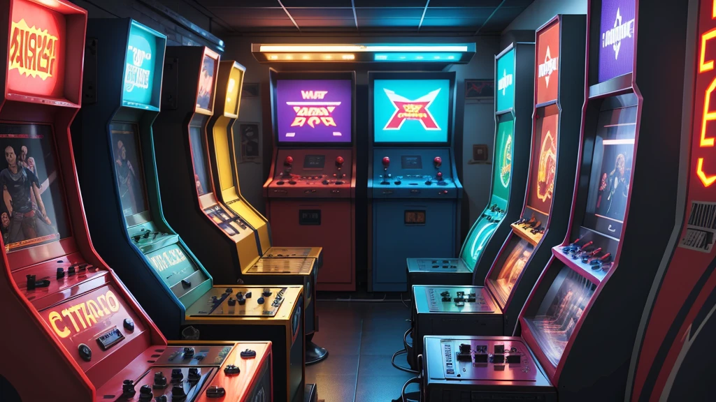 Retro arcade machine set against a minimalist background, illuminated by vibrant LED lights, HDR, 4K, creating a nostalgic yet modern atmosphere.