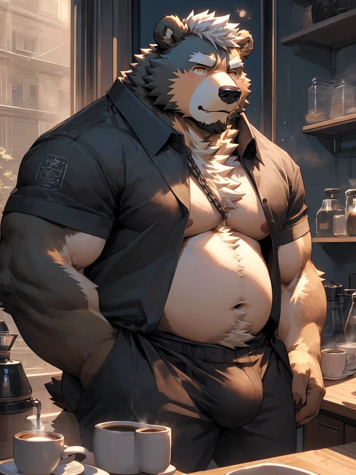 (Super detailed), Sharp focus,hairy, Gray fur, White beard, White hair,Golden Eyes,human nature (北极Bear:1.3), male, Old face, Gray body, White belly, Muscular ,(Crotch bulge),(Big Bag),Super detailed的脸,(dishevelled:1.4),(best quality), (masterpiece), High Detail, high quality,High resolution,16K,(Bear:1.3),(scar:0.6),Lustful expression,(slight fat:1.1),(白色coffee厅背景),(((coffee))),(naked:1.3)