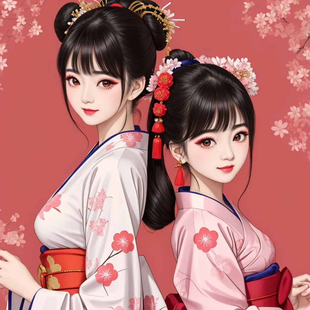 Each has a different expression2People and sisters、(2 girls)、⦅Dancing traditional arts with grace)、((Big Breasts、Small Face、Not exposed))、Highest quality、masterpiece、(Black Hair、Bun Hair)、Brown Eyes、⦅Wide angle、Angle from above the waist、雑誌の表紙のPause、Their gazes are different, staring into the distance⦆、(8K High Quality、masterpiece、High resolution、Realistic and beautiful light and shadow、(Highest quality)、(High Resolution)、(Very delicate and beautiful)、(Beautiful 8k face)、(With a smile、Beautiful eyes)、(Clear skin)、(Soft hair)、(8Head to Body)、(A Japanese-style yukata kimono with red, pink, orange and blue floral patterns on a white background, interspersed with gold powder、Wearing a yukata2Beautiful Japanese girls)、((Tanabata decoration background))、((Small Face))、(arms up)、Thin and small nose、(Red lipstick)、(Make your cheeks red)、(Glossy skin)、((Ink painting style))、Very thin eyebrows、Overall ultra-high image quality、(She is wearing maiko-style makeup.)、Whitening、Long and beautiful eyelashes、Glowing Skin、(Red cheeks),Straight nose、masterpiece、Highest quality、whole body、 Eyebrows visible through hair、Bun Hair、Grin、Gal、コGal、Viewer's Eyes、Plaid、Stylish、woman、fine、Pause、
Waiting to start