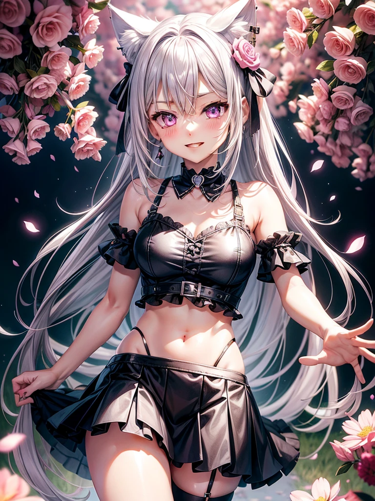Silver hair, pink eyes, body, cat ears, y girl, earrings, flower background, hair bows, happy face, thigh up, shirt and skirt