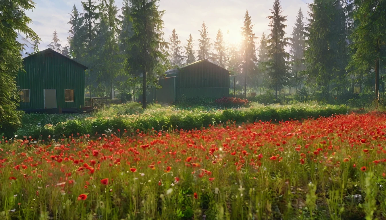 (masterpiece, best quality:1.2), Forest, dark forest, a secluded small production facility located within a lush, green forest. The forest is filled with a vibrant array of thick trees, the small production facility is surrounded by thick poppy field, creating a striking contrast against the green foliage. The flowers are divided into two sections one red another white flower and is diveded by a green meadow pathway, which leads directly to the facility. Surrounding the small building is a wire fence with a clear "No Trespassing" sign, adding an air of exclusivity. Various trucks and transport vehicles are parked nearby, hinting at the facility's industrial purpose. The setting sun casts a warm, golden glow across the scene, while the cinematic lighting enhances the ultra-realistic atmosphere, wide shot.
