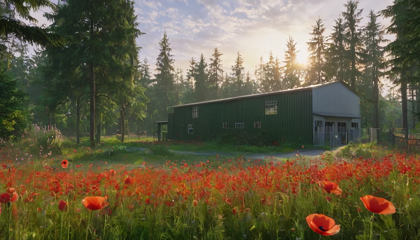 (masterpiece, best quality:1.2), Forest, dark forest, a secluded small production facility located within a lush, green forest. The forest is filled with a vibrant array of thick trees, the small production facility is surrounded by thick poppy field, creating a striking contrast against the green foliage. The flowers are divided into two sections one red another white flower and is diveded by a green meadow pathway, which leads directly to the facility. Surrounding the small building is a wire fence with a clear "No Trespassing" sign, adding an air of exclusivity. Various trucks and transport vehicles are parked nearby, hinting at the facility's industrial purpose. The setting sun casts a warm, golden glow across the scene, while the cinematic lighting enhances the ultra-realistic atmosphere, wide shot.
