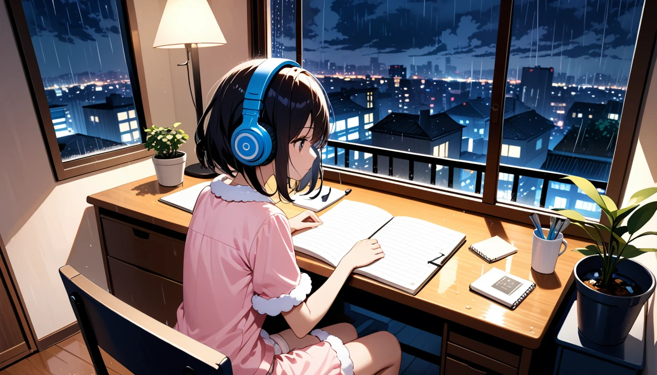 In a cozy room with a beautiful city night view under the rain, a girl with bob hair and wearing light pink fluffy short-sleeved shorts pajamas is lost in thought while looking at the view. She is relaxing with big headphones on. Looking into the room from the balcony, there is a calm study room lit by a desk lamp. There are notebooks, writing utensils and a potted plant on the desk. It is raining outside.