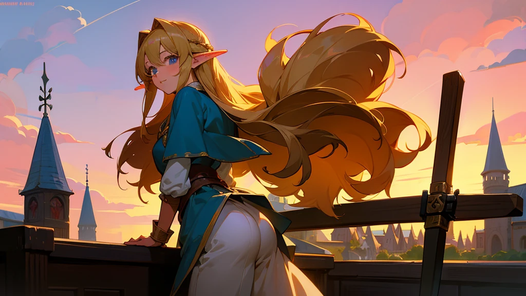 Anime Style,Nostalgic,Detailed background,The medieval world,A lively bar with lots of people,Beautiful sky,A beautiful bard elf girl looking back at me,Protruding