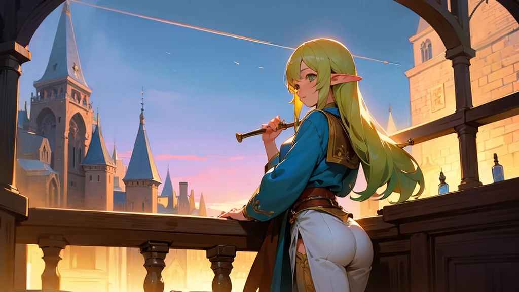 Anime Style,Nostalgic,Detailed background,The medieval world,A lively bar with lots of people,Beautiful sky,A beautiful bard elf girl looking back at me,Protruding buttocks