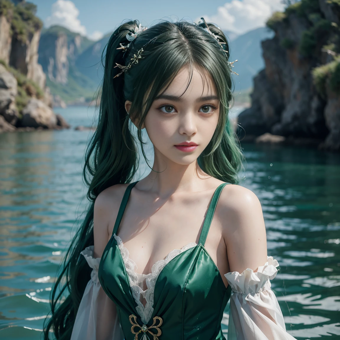 1girl, solo, hair ornament, green hair, twintails, long hair, dress, water,, mid shot portrait photo of (Faruzan) from Genshin Impact,, dark fantasy background, charming smirking., by Greg Rutkowski and Walt Disney ultra realistic highly detailed intricate photorealistic analog style photograph sharp focus on eyes, cinematic lighting,, , ,UHD, HDR, 8K