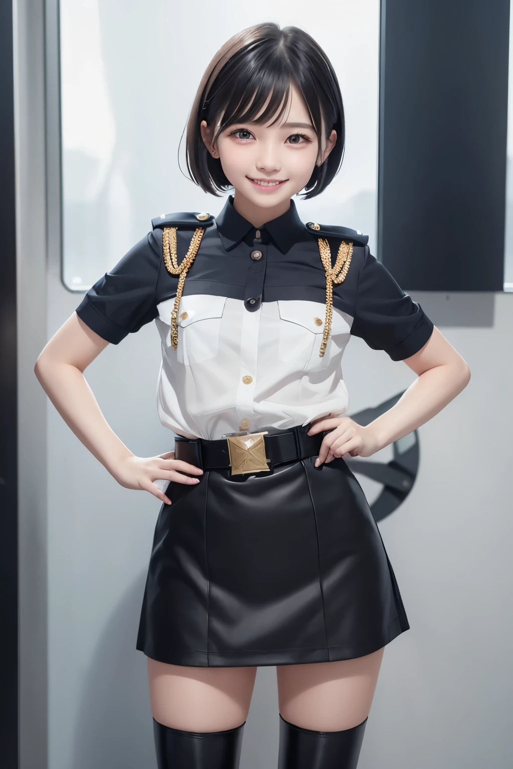 One girl、short hair（淡いblack）、Navy uniform（white）、Epaulettes（white、black、gold）、belt、mini skirt（black）、Buckled short boots（black）、Standing on a submarine、Smiling face、Military port、Composition from below、I can see the sky
