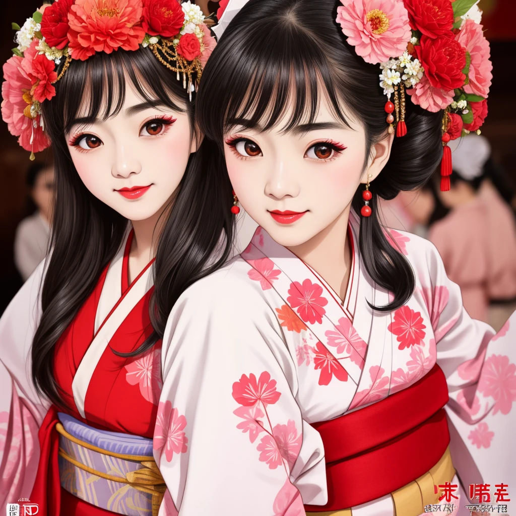 7 sisters, 7 girls with different faces and expressions, dancing gracefully, small faces, top quality, masterpieces, black hair, bun hair, wide angle, diagonally above the waist, magazine cover pose, 8K high resolution, Masterpiece, high resolution, realistic and beautiful light and shadow, top quality, high resolution, very delicate and beautiful, beautiful 8K face, smile and smile. Seven beautiful Japanese girls with eyes, transparent skin, soft hair, eight heads, Japanese style kimonos with red, pink and orange floral patterns on a white background, yukatas, small faces, thin and small noses, red lipstick , glossy skin, very thin eyebrows, overall super high resolution, Maiko-style makeup, fair skin, long and beautiful eyelashes, glossy skin, red cheeks, holding a flower hat prop in one hand, dance, Kasa Odori, Kasanihi Odori, Japan Dance, festival, movie poster style