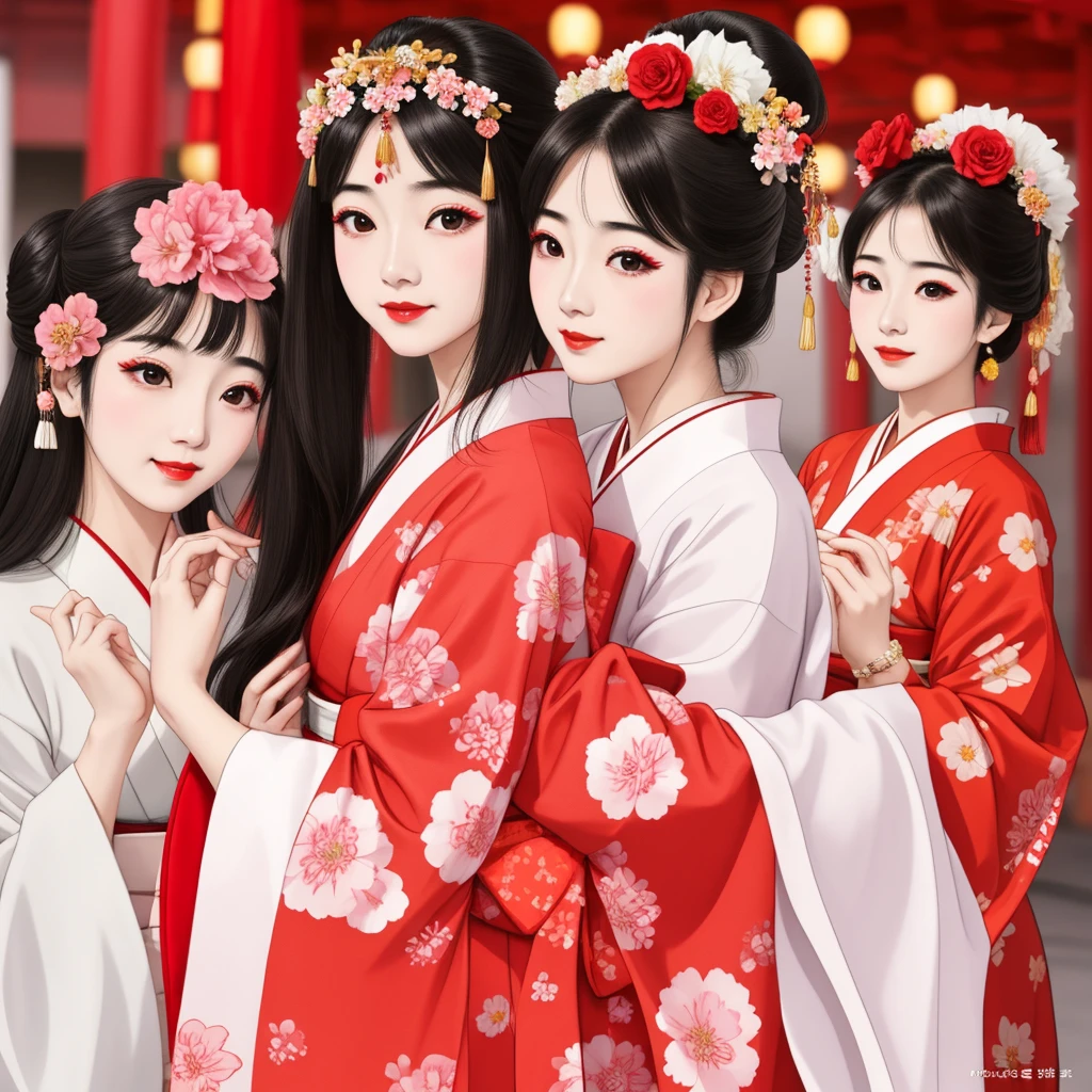 7 sisters, 7 girls with different faces and expressions, dancing gracefully, small faces, top quality, masterpieces, black hair, bun hair, wide angle, diagonally above the waist, magazine cover pose, 8K high resolution, Masterpiece, high resolution, realistic and beautiful light and shadow, top quality, high resolution, very delicate and beautiful, beautiful 8K face, smile and smile. Seven beautiful Japanese girls with eyes, transparent skin, soft hair, eight heads, Japanese style kimonos with red, pink and orange floral patterns on a white background, yukatas, small faces, thin and small noses, red lipstick , glossy skin, very thin eyebrows, overall super high resolution, Maiko-style makeup, fair skin, long and beautiful eyelashes, glossy skin, red cheeks, holding a flower hat prop in one hand, dance, Kasa Odori, Kasanihi Odori, Japan Dance, festival, movie poster style