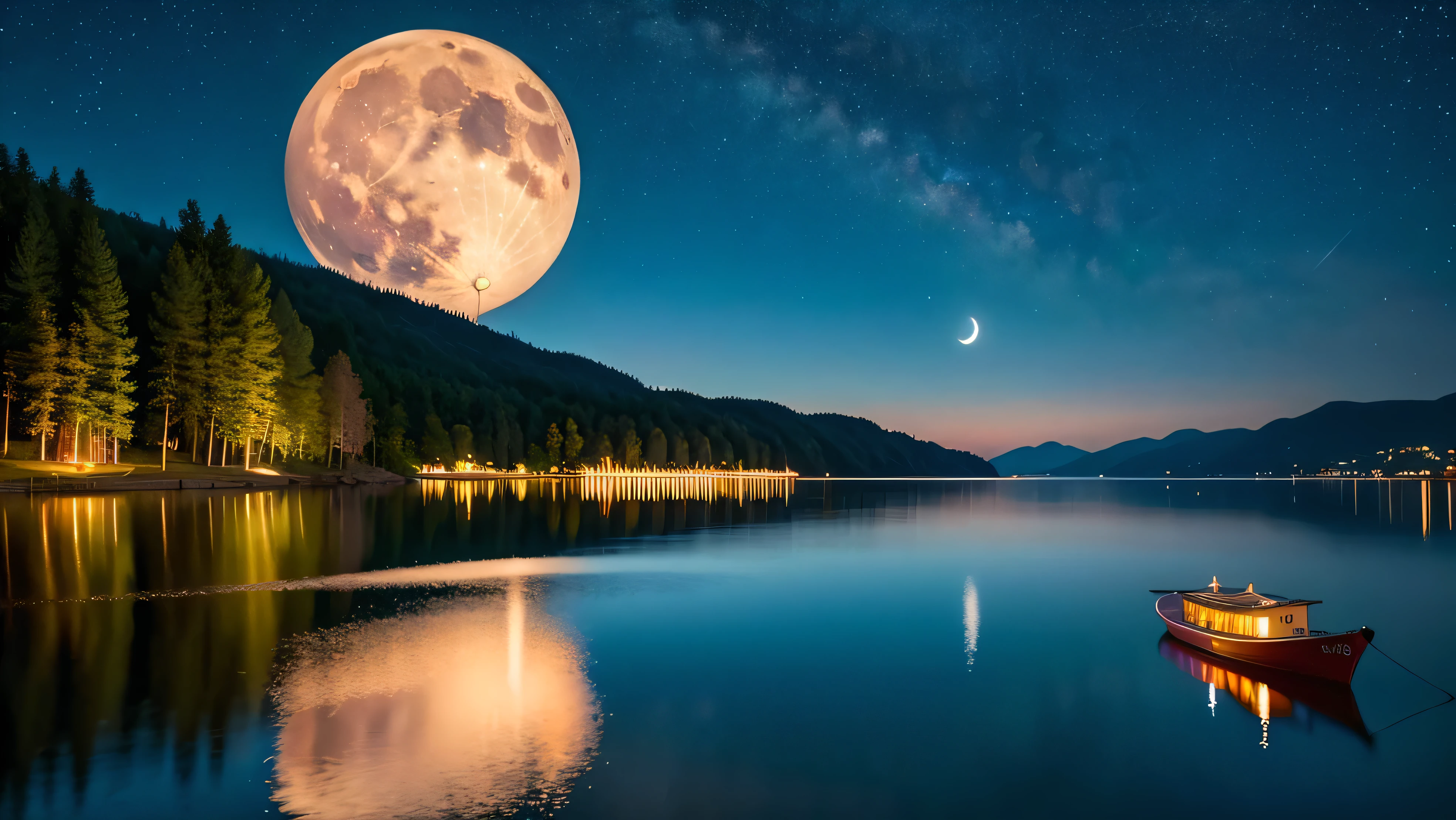 lake、Lakeside、A luxury boat on the lake、A large ship is visible nearby、Nice ship、The background is a starry sky、Big Moon、Big full moon、Magnificent moonlit night、Spectacular full moon、Fantasy、mysterious、cinematic、8K、The lamp lights up、high resolution、Healing、Peaceful and sleepy、relax、Romantic mood。
