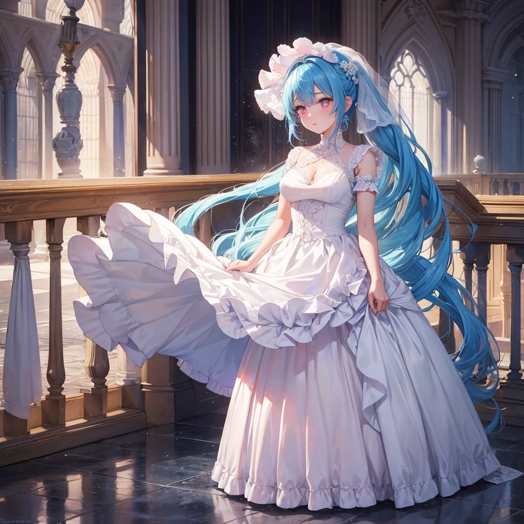 sky Blue hair, (braided ponytail),(pink eyes),fair skin ,(full body),(1 girl),bride,soro,blush,Straight Bangs, June Bride,Wedding dress,(masterpiece, best quality, ultra-detailed, best shadow), (detailed background), (beautiful detailed face), high contrast, (best illumination, an extremely delicate and beautiful), ((cinematic light)), colorful, hyper detail, dramatic light, intricate details,Wedding hall,