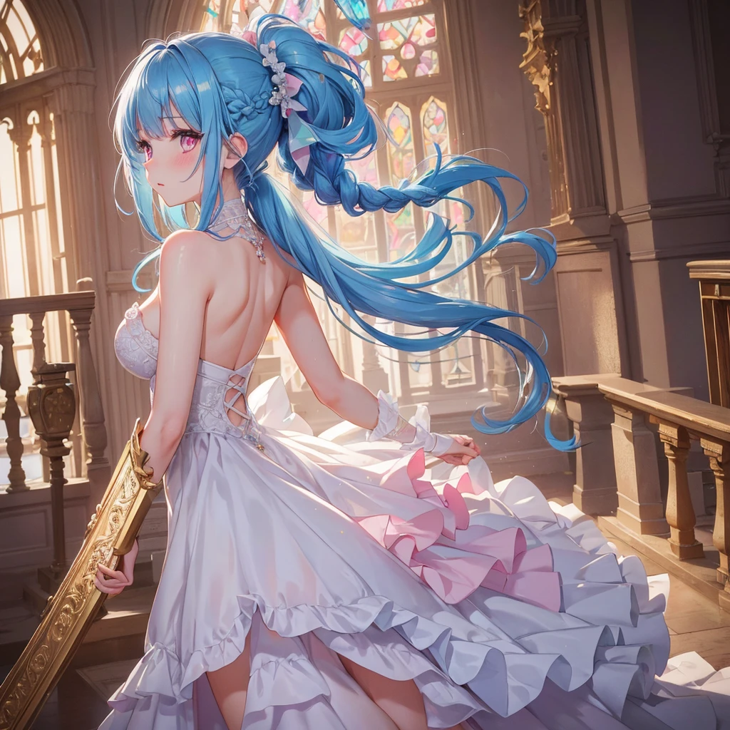 sky Blue hair, (braided ponytail),(pink eyes),fair skin ,(full body),(1 girl),bride,soro,blush,Straight Bangs, June Bride,Wedding dress,(masterpiece, best quality, ultra-detailed, best shadow), (detailed background), (beautiful detailed face), high contrast, (best illumination, an extremely delicate and beautiful), ((cinematic light)), colorful, hyper detail, dramatic light, intricate details,Wedding hall,
