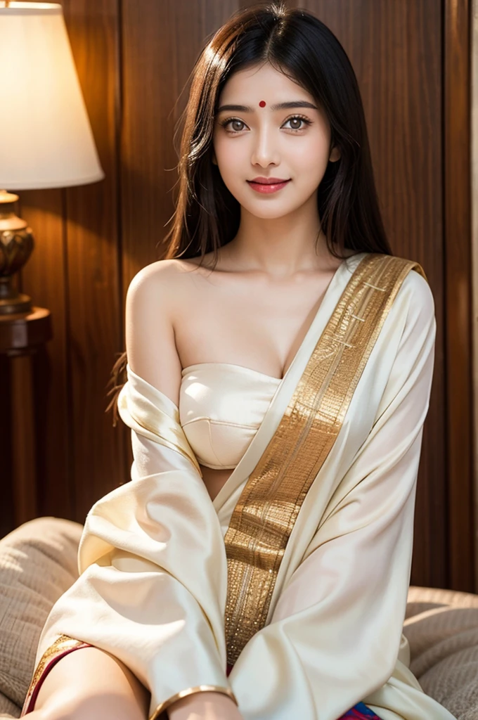 masterpiece, centered, 1 young Indian woman with a cute and radiant face, featuring exquisitely detailed eyes, expressing a mix of shyness and joy, dressed in vibrant traditional Indian attire. She has a slim figure and medium-sized breasts. Generate an 8k image, risbeauty indian,