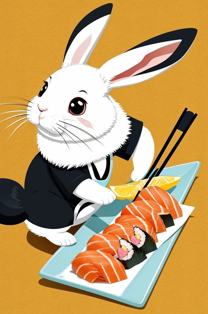 Cartoon rabbit eating sushi