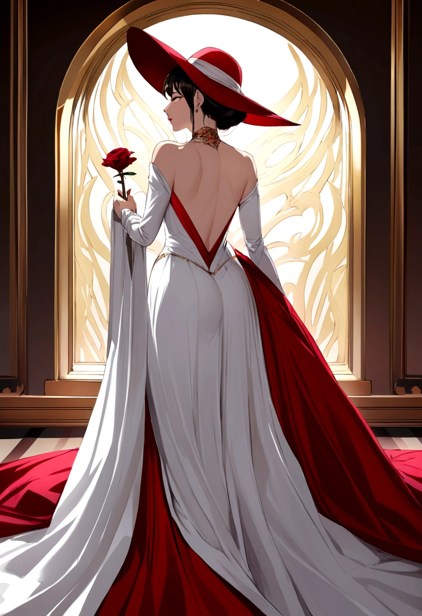 A mature and youthful anime woman, seductive and elegant personality, in a long red and white classy gown, with long sleeve and a really long train attached to her dress, and she is also wearing a hat, pose with a portrait like image, her shoulders up, one hand holding a rose, the other hand stroking her chin gently, and facing towards her from the her back view 