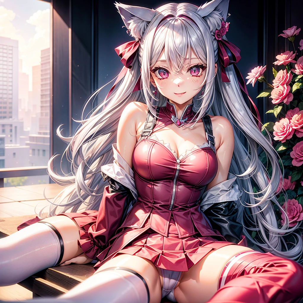 Silver hair, pink eyes, body, cat ears, sexy girl, earrings, flower sky background, pink red uniform, hair bows, sit down, happy face