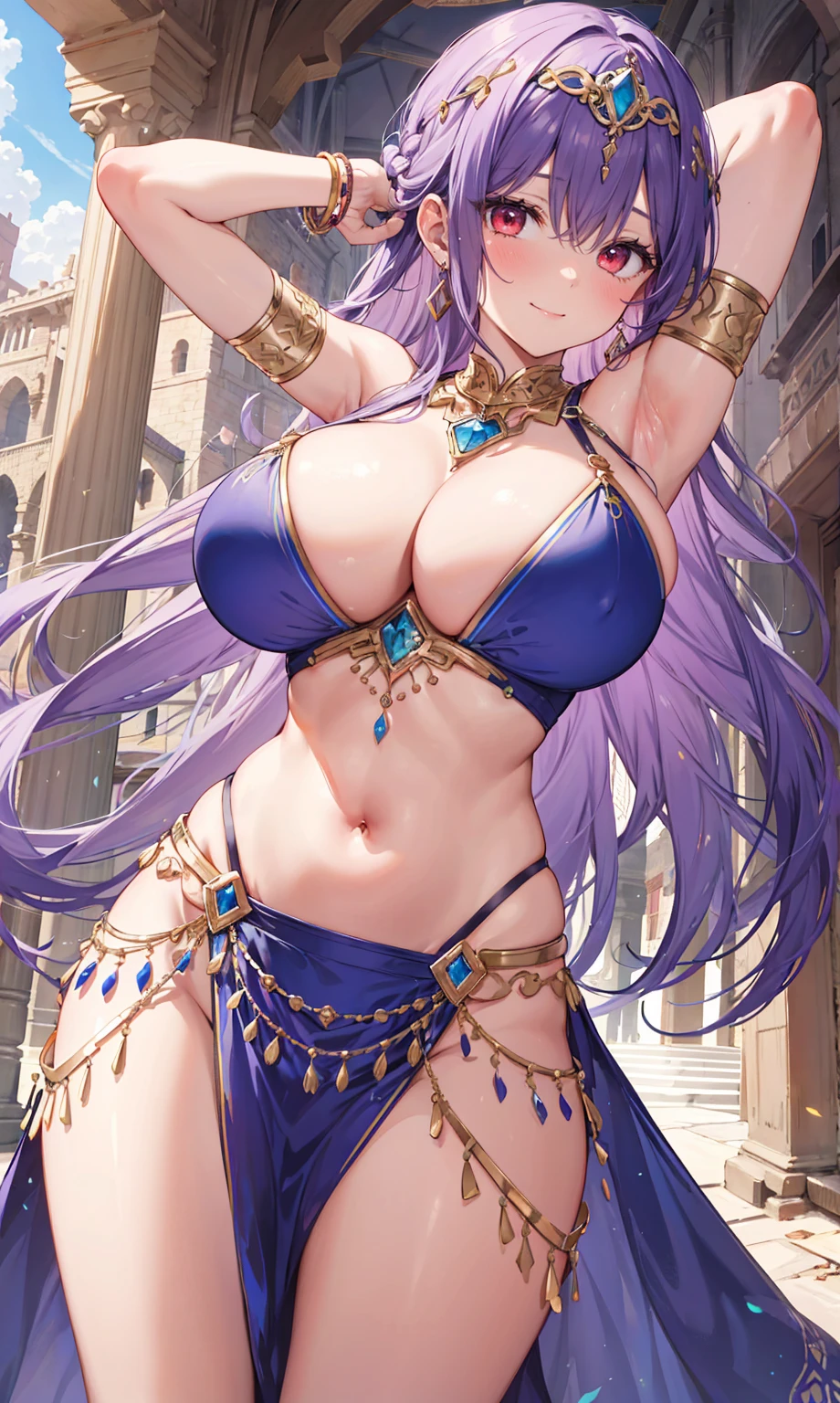 high quality, ultra detailed, best quality, insanely detailed, beautiful, masterpiece, 1girl, medieval plaza, cowboy shot, red eyes, long hair, purple hair, belly dancer, circlet, earrings, armlets, bracelets, bashful smile, large breasts, cleavage, soft stomach