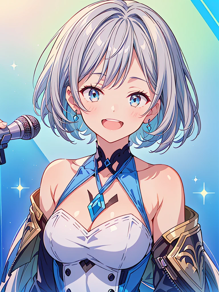 1girl,(((Highest quality、Masterpiece、Official Art、The best dynamic composition、HD、Super detailed)))、(((Gray and blue gradation hair)))、 concept art, Smiling with the best smile、Smiling with eyes closed、looks happy、Singing a song、Upper Body、Singing with a microphone、