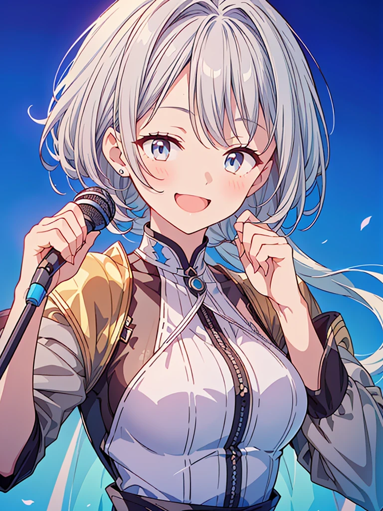 1girl,(((Highest quality、Masterpiece、Official Art、The best dynamic composition、HD、Super detailed)))、(((Gray and blue gradation hair)))、 concept art, Smiling with the best smile、Smiling with eyes closed、looks happy、Singing a song、Upper Body、Singing with a microphone、