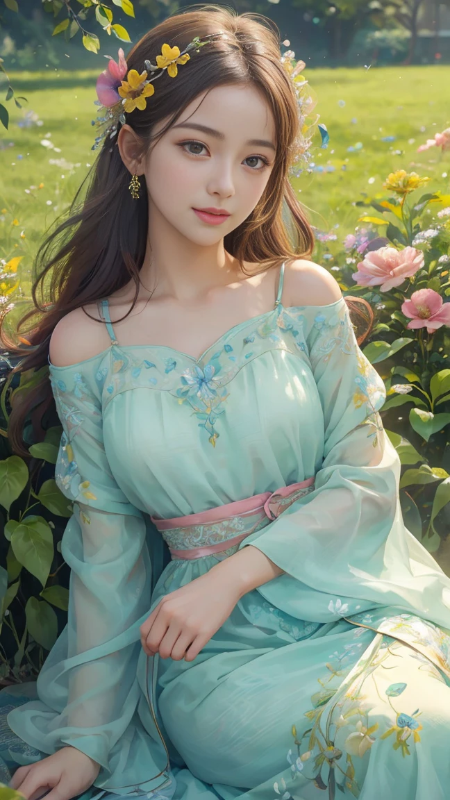 (High resolution,Vibrant colors,Realistic:1.2),One girl,Beautiful attention to detail,Beautiful lip detail,Bright flowers々blooming garden,Lush greenery,Soft sunlight,Serene atmosphere,Carefully crafted details,A variety of colorful flowers,Delicate petals,Dew on the leaves,Butterflies in the air,Peaceful atmosphere,Gentle breeze,Joyful expression on the girl's face,Happiness in her eyes. lingerie, At the bed