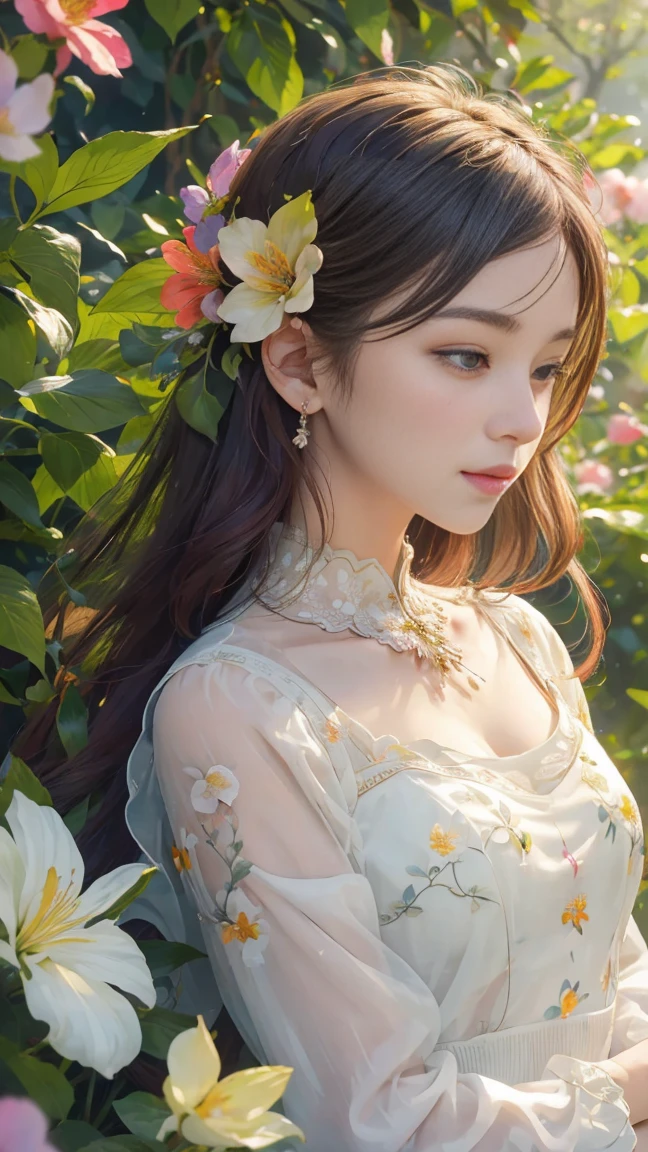 (High resolution,Vibrant colors,Realistic:1.2),One girl,Beautiful attention to detail,Beautiful lip detail,Bright flowers々blooming garden,Lush greenery,Soft sunlight,Serene atmosphere,Carefully crafted details,A variety of colorful flowers,Delicate petals,Dew on the leaves,Butterflies in the air,Peaceful atmosphere,Gentle breeze,Joyful expression on the girl's face,Happiness in her eyes. lingerie, At the bed