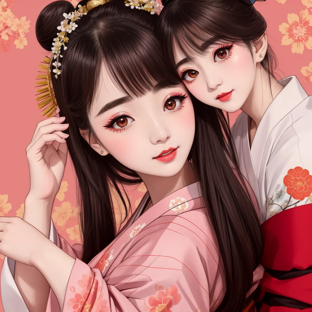 Each has a different expression2People and sisters、(2 girls)、⦅Dancing traditional arts with grace)、((Big Breasts、Small Face、Not exposed))、Highest quality、masterpiece、(Black Hair、Bun Hair)、Brown Eyes、⦅Wide angle、Angle from above the waist、雑誌の表紙のPause、Their gazes are different, staring into the distance⦆、(8K High Quality、masterpiece、High resolution、Realistic and beautiful light and shadow、(Highest quality)、(High Resolution)、(Very delicate and beautiful)、(Beautiful 8k face)、(With a smile、Beautiful eyes)、(Clear skin)、(Soft hair)、(8Head to Body)、(A Japanese style yukata kimono with red, pink and orange floral patterns on a white background, interspersed with gold powder、Wearing a yukata2Beautiful Japanese girls)、((Tanabata decoration background))、((Small Face))、(arms up)、Thin and small nose、(Red lipstick)、(Make your cheeks red)、(Glossy skin)、((Ink painting style))、Very thin eyebrows、Overall ultra-high image quality、(She is wearing maiko-style makeup.)、Whitening、Long and beautiful eyelashes、Glowing Skin、(Red cheeks),Straight nose、masterpiece、Highest quality、whole body、 Eyebrows visible through hair、Bun Hair、Grin、Gal、コGal、Viewer's Eyes、Plaid、Stylish、woman、fine、Pause、
Waiting to start