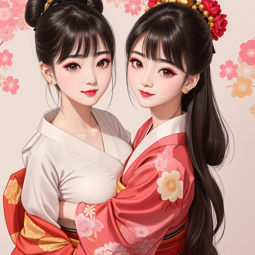 Each has a different expression２People and sisters、(２ girls）、｟Dancing traditional arts with grace)、((Big Breasts、Small Face、Not exposed))、Highest quality、masterpiece、（Black Hair、Bun Hair）、Brown Eyes、｟Wide angle、Angle from above the waist、雑誌の表紙のPause、Their gazes are different, staring into the distance｠、(８K High Quality、masterpiece、High resolution、Realistic and beautiful light and shadow、(Highest quality)、(High Resolution)、(Very delicate and beautiful)、(Beautiful 8k face)、(With a smile、Beautiful eyes)、(Clear skin)、(Soft hair)、(８Head to Body)、(A Japanese style yukata kimono with red, pink and orange floral patterns on a white background, interspersed with gold powder、Wearing a yukata２Beautiful Japanese girls)、((Tanabata decoration background))、((Small Face))、(arms up)、Thin and small nose、（Red lipstick）、（Make your cheeks red）、（Glossy skin）、((Ink painting style))、Very thin eyebrows、Overall ultra-high image quality、（She is wearing maiko-style makeup.）、Whitening、Long and beautiful eyelashes、Glowing Skin、（Red cheeks）,Straight nose、masterpiece、Highest quality、whole body、 Eyebrows visible through hair、Bun Hair、Grin、Gal、コGal、Viewer&#39;s Eyes、Plaid、Stylish、woman、fine、Pause、
Waiting to start 
